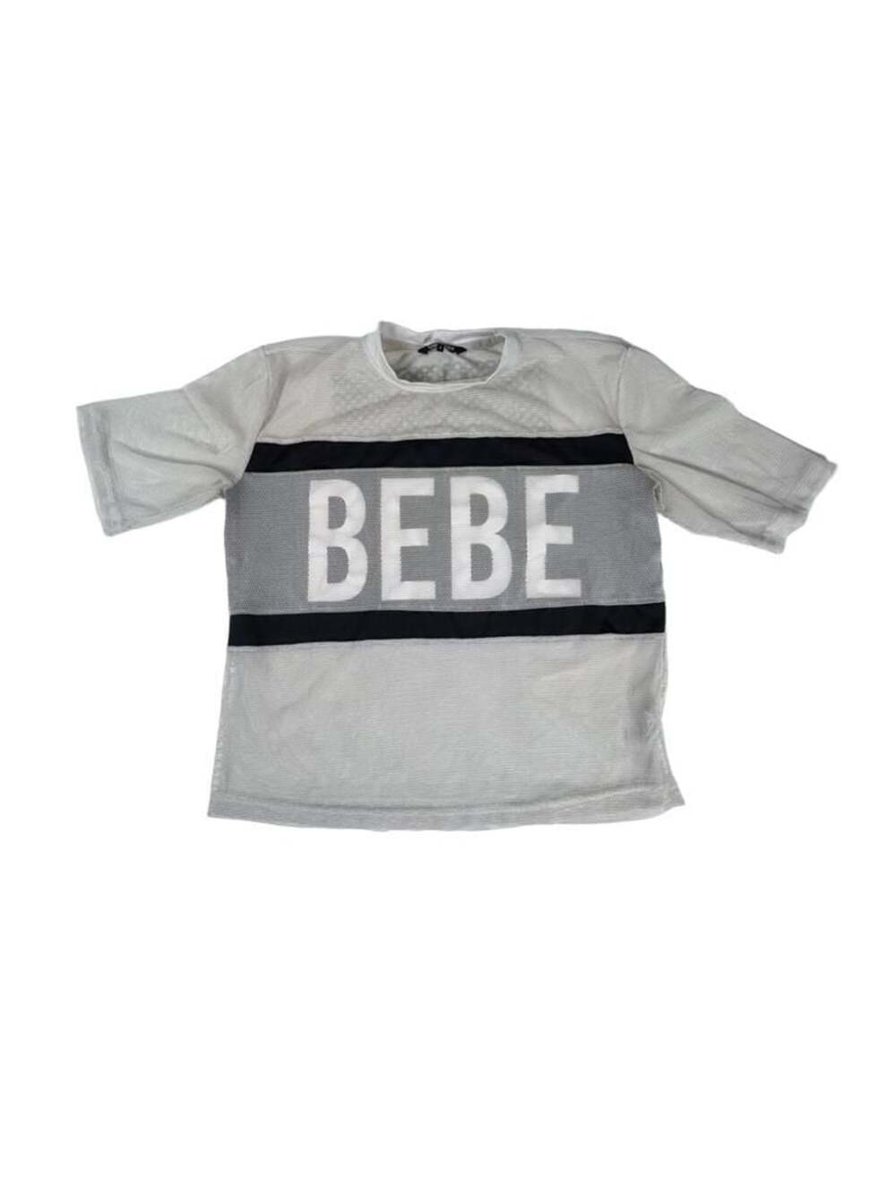 Bebe Sport Women's Y2K White and Black Logo Mesh Crewneck Top